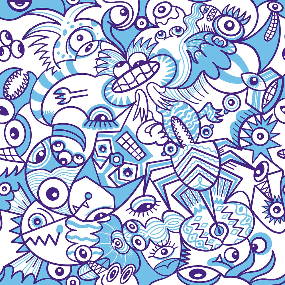 Whimsical Blue Doodle Critterscape pattern design