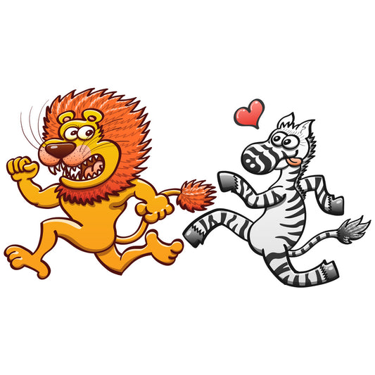 Zebra in love running after a scared lion