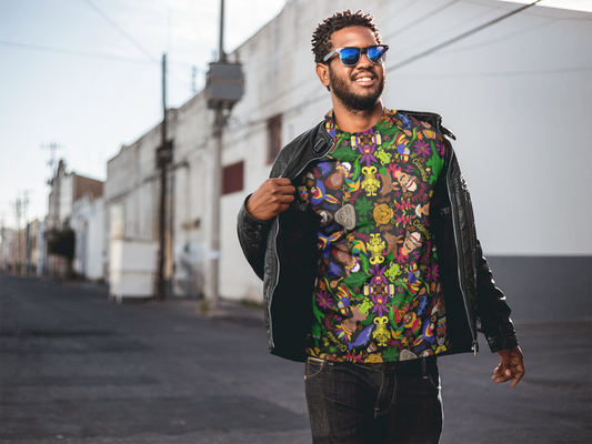 Stylish man wearing a Zoo&co doodle art t-shirt with a leather jacket — bold quirky print fashion