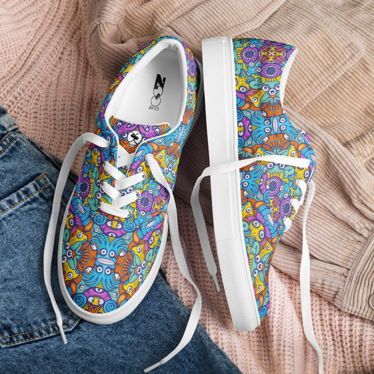 Women's lace-up canvas shoes with Zoo&co sea beasts doodle art all-over print design