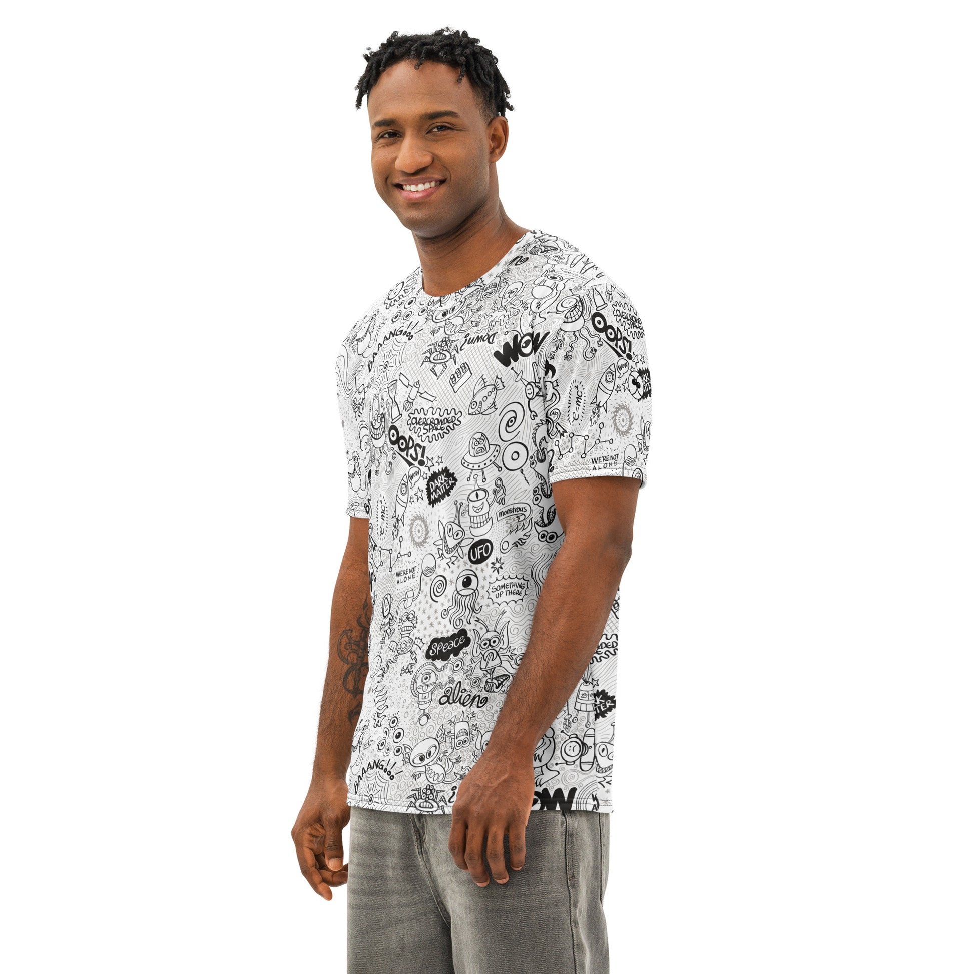 Celebrating the Most Comprehensive Doodle Art of the Universe Men's cotton t-shirt. Left front view