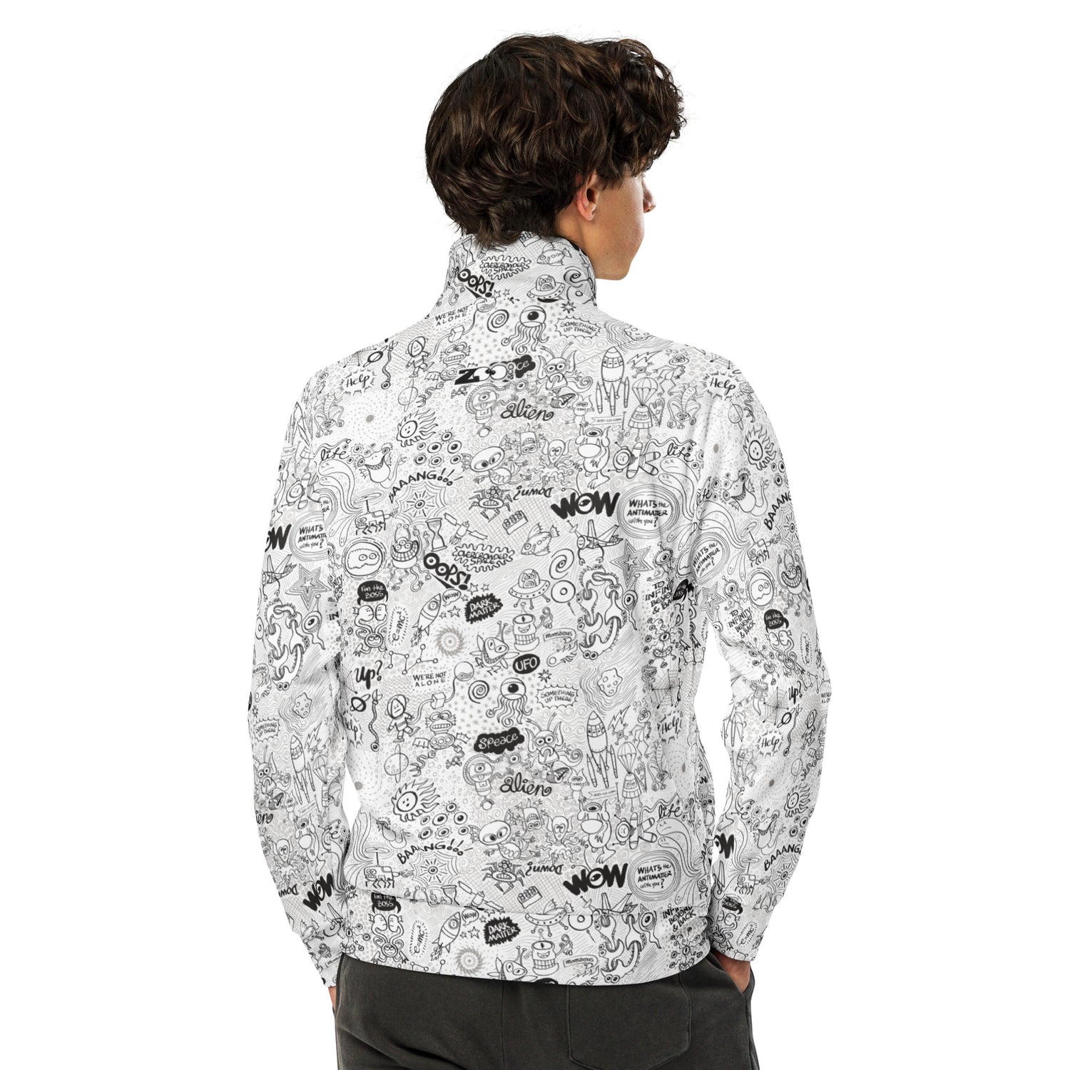 Celebrating the most Comprehensive Doodle Art of the Universe all over print recycled unisex track jacket. Back view