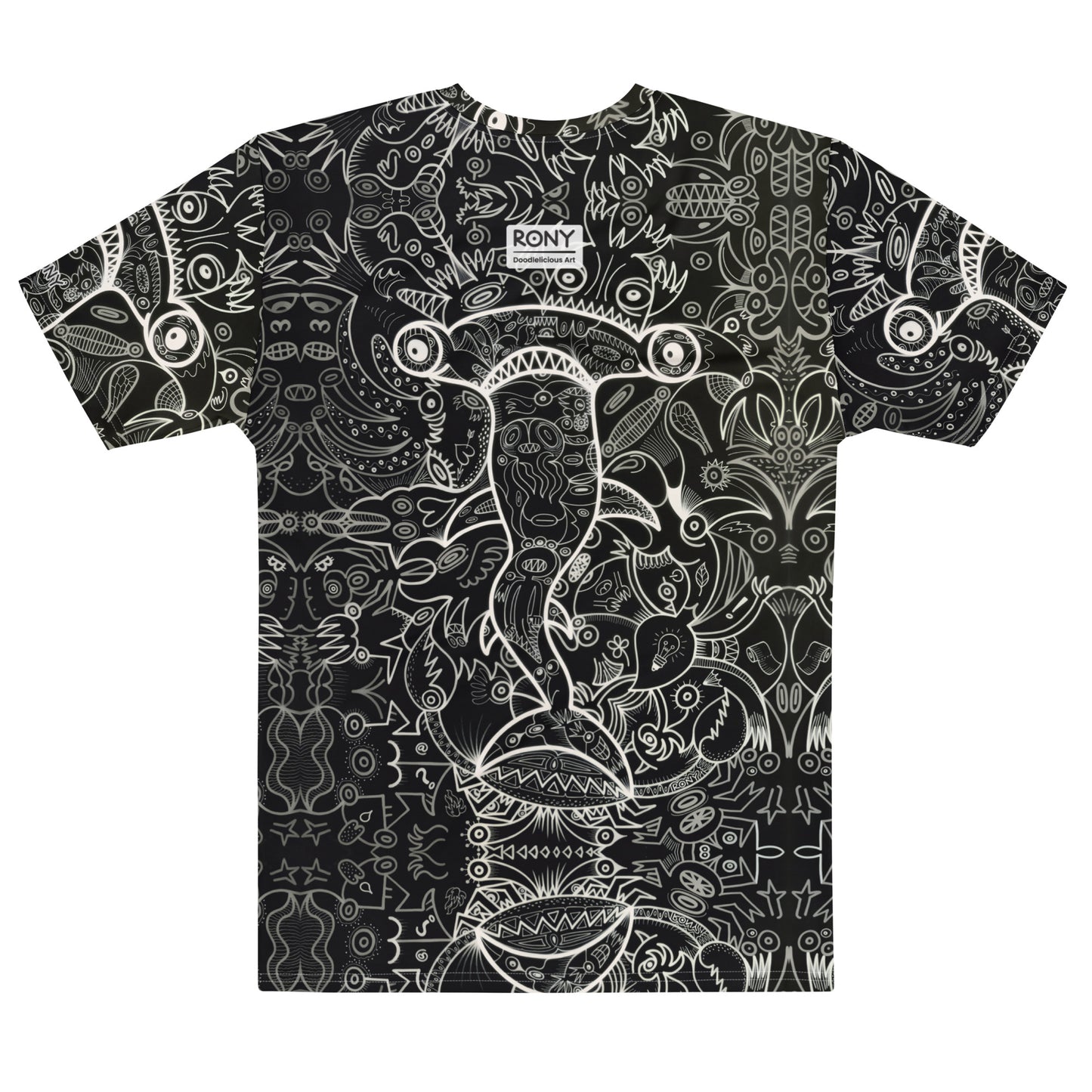 Hammerhead Sharkadelic Men’s Cotton Art T-Shirt. Flat back view