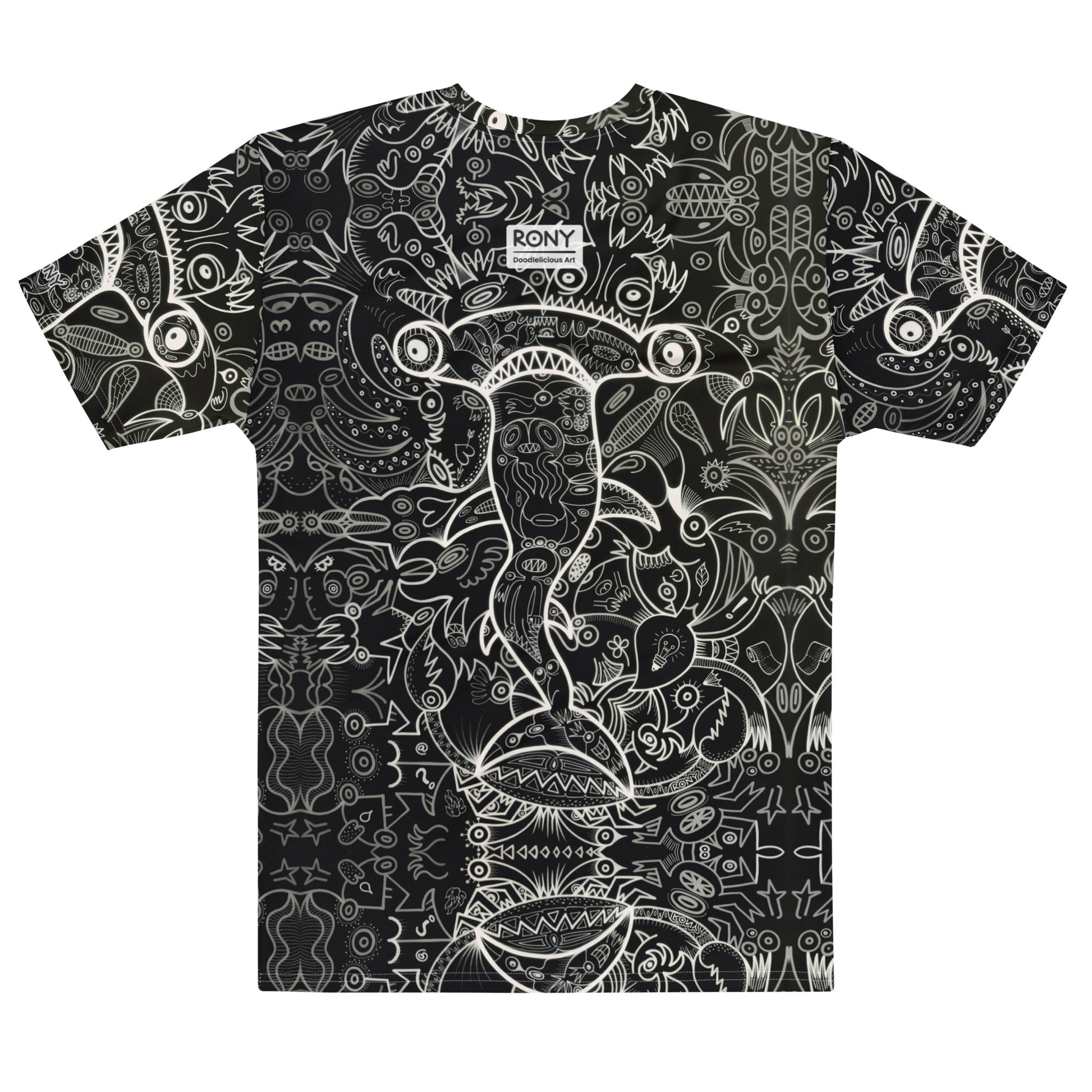 Hammerhead Sharkadelic Men’s Cotton Art T-Shirt. Flat back view