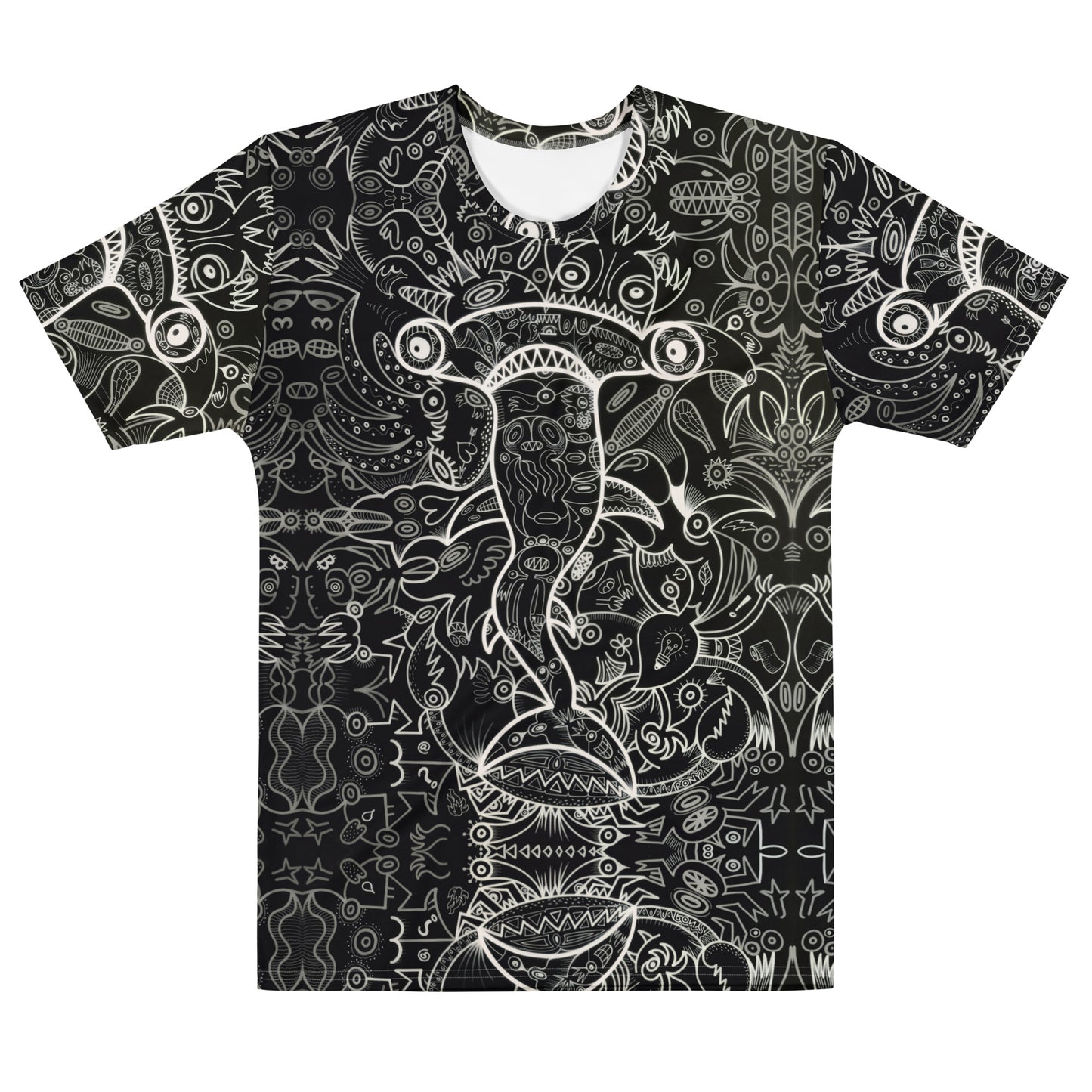 Hammerhead Sharkadelic Men’s Cotton Art T-Shirt. Flat front view