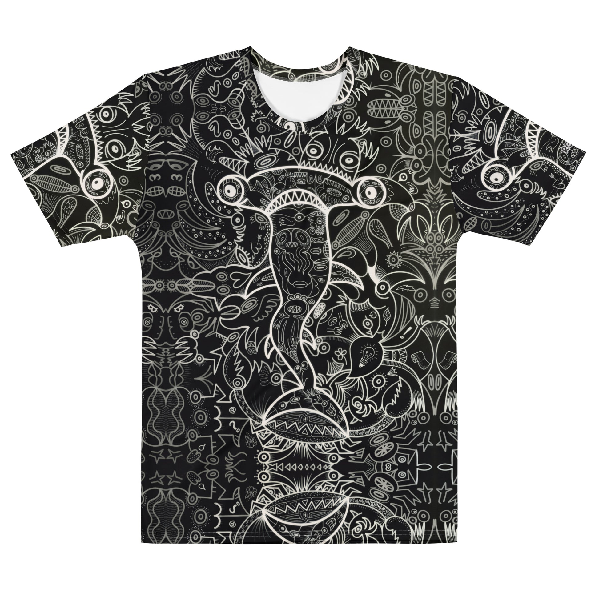 Hammerhead Sharkadelic Men’s Cotton Art T-Shirt. Flat front view