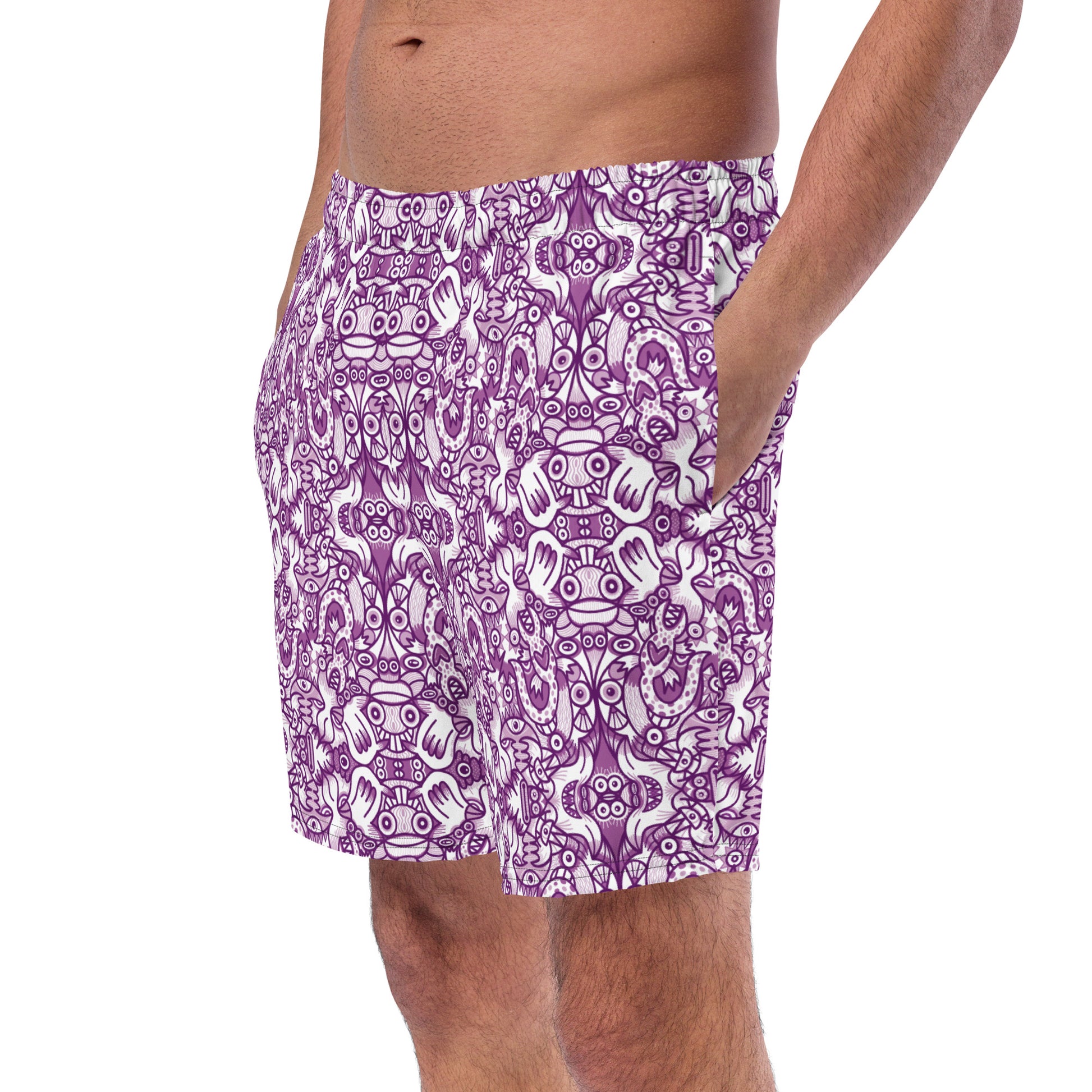 Mesmerizing Purple Doodle Fantasy Swim Trunks - Just for Men. Front view