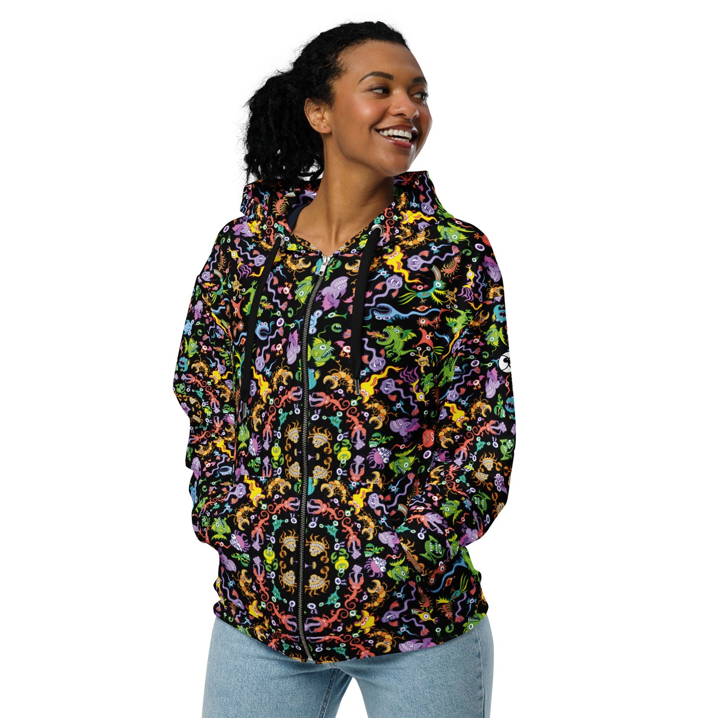 Ocean Critters Mandala Zip Hoodie – Bold & Cozy. Front view