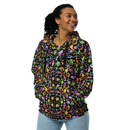 Ocean Critters Mandala Zip Hoodie – Bold & Cozy. Front view