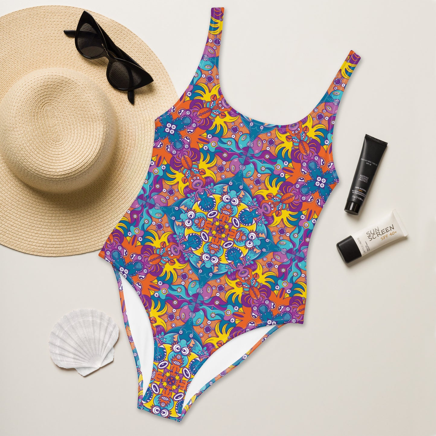 Ocean Doodle Delight All-Over Print Women's One-Piece Swimsuit. Flat lifestyle