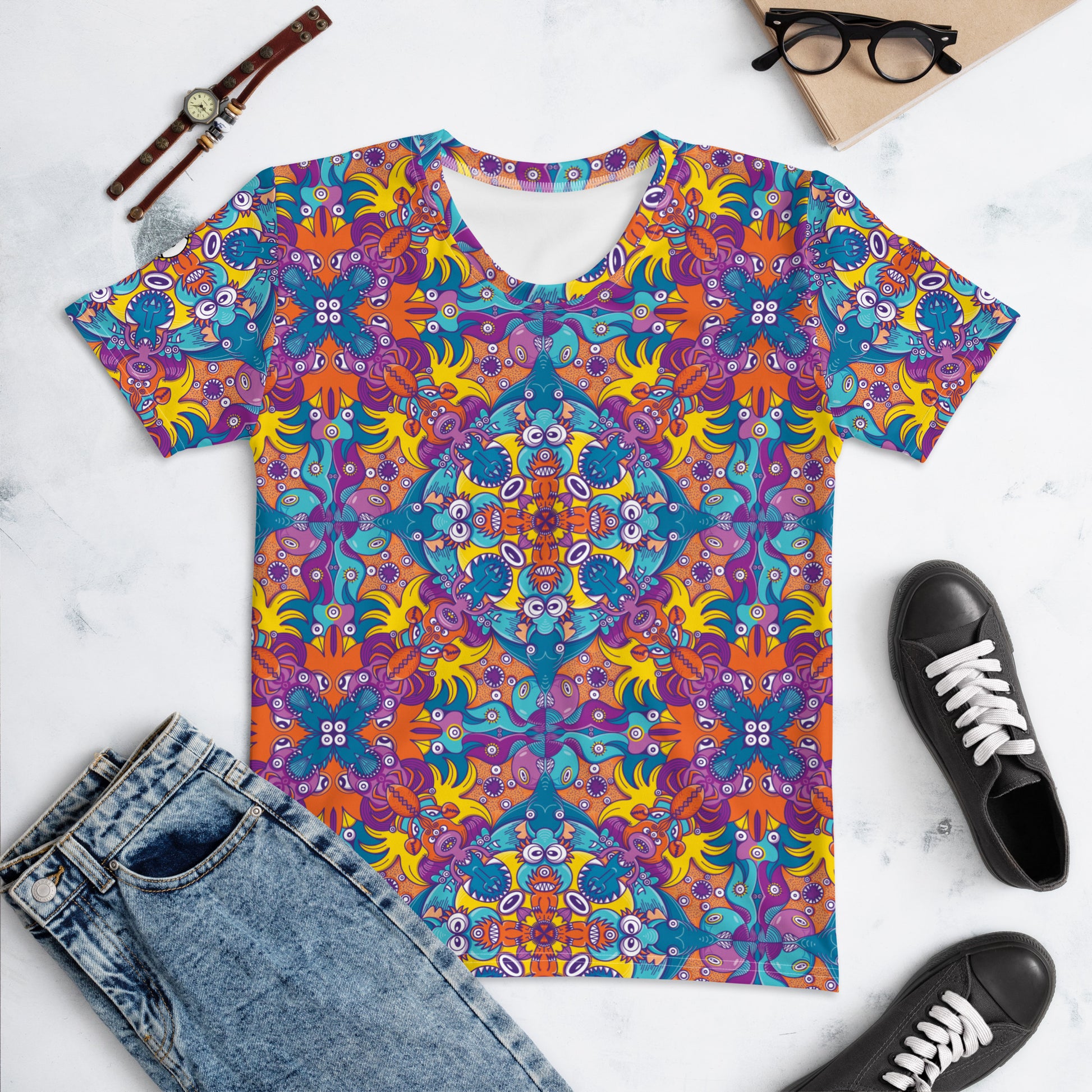 Ocean Doodle Delight All-Over Print Women's T-Shirt. Front view. Flat lifestyle