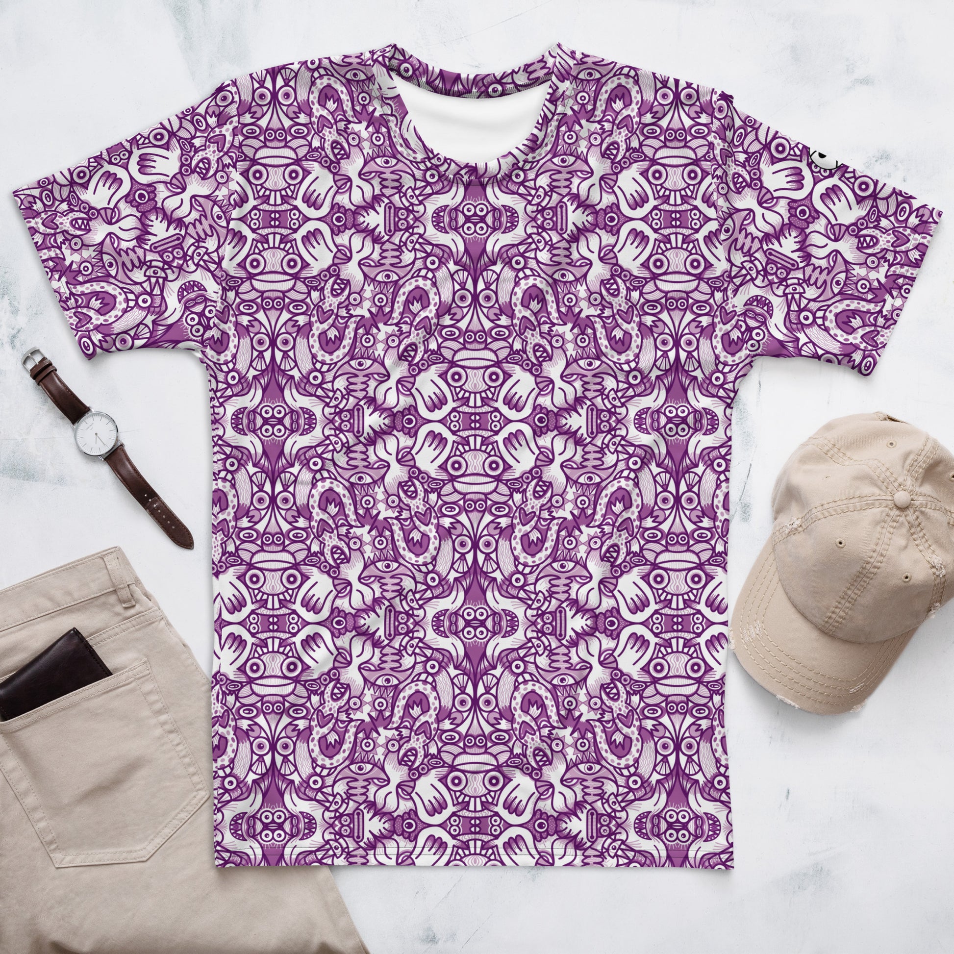 Purple Doodle Fantasy T-shirt - Mesmerizing Men's Style. Flat lifestyle