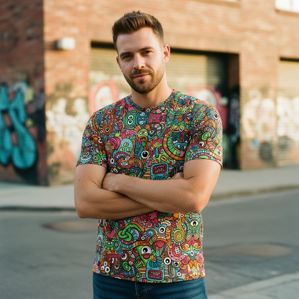 Robot-Odysse. Man wearing a colorful patterned shirt standing in front of a brick wall with graffiti.