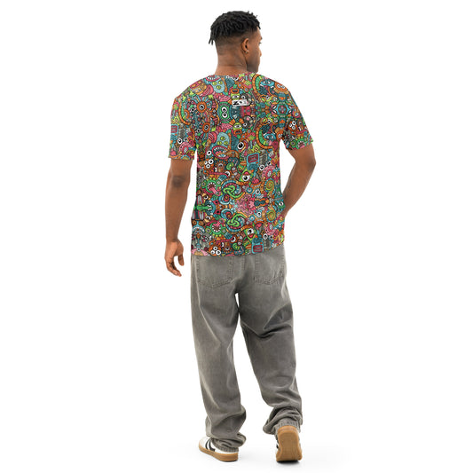 Robot Odyssey: A High-Tech Adventure with Quirky Bots Men's cotton t-shirt — lifestyle back view
