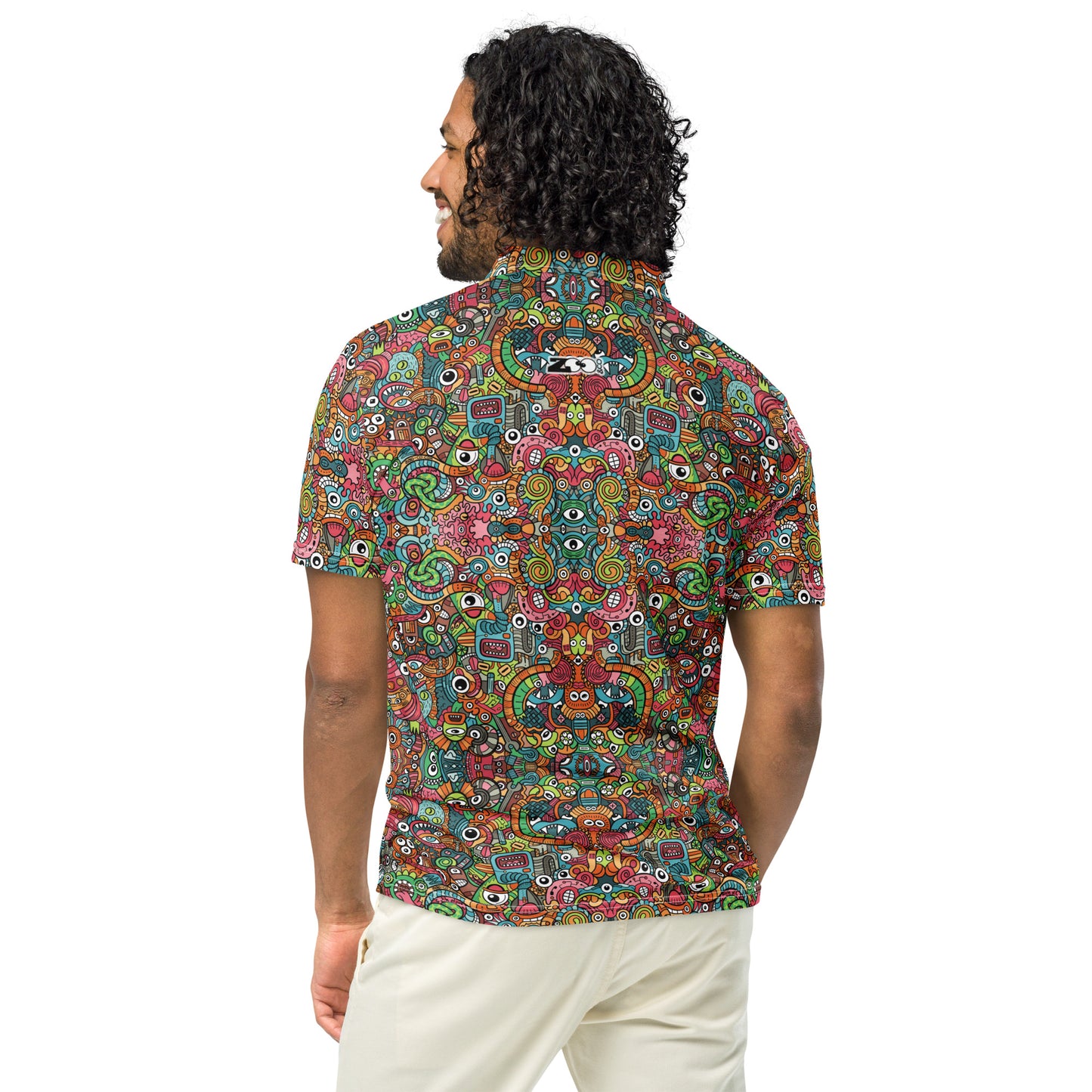 Robot Odyssey: Men’s Slim Fit Polo with Quirky Bots. Back view