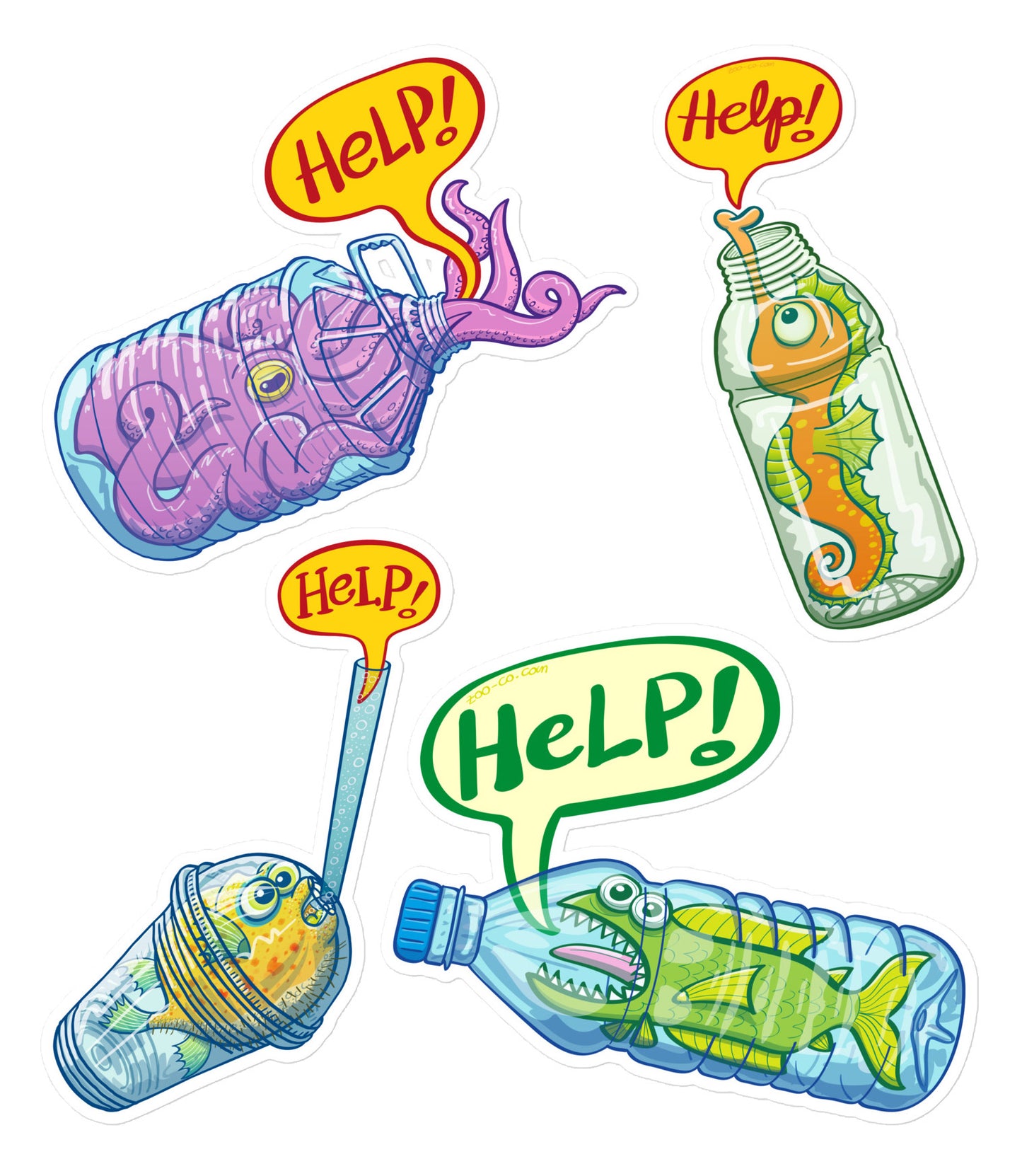 Sea Animals Trapped in Plastic Bottles Bubble-Free Stickers Bundle Product. Seahorse in trouble asking for help while trapped in a plastic bottle. 4 Bubble-free stickers. 5.5"×5.5" 