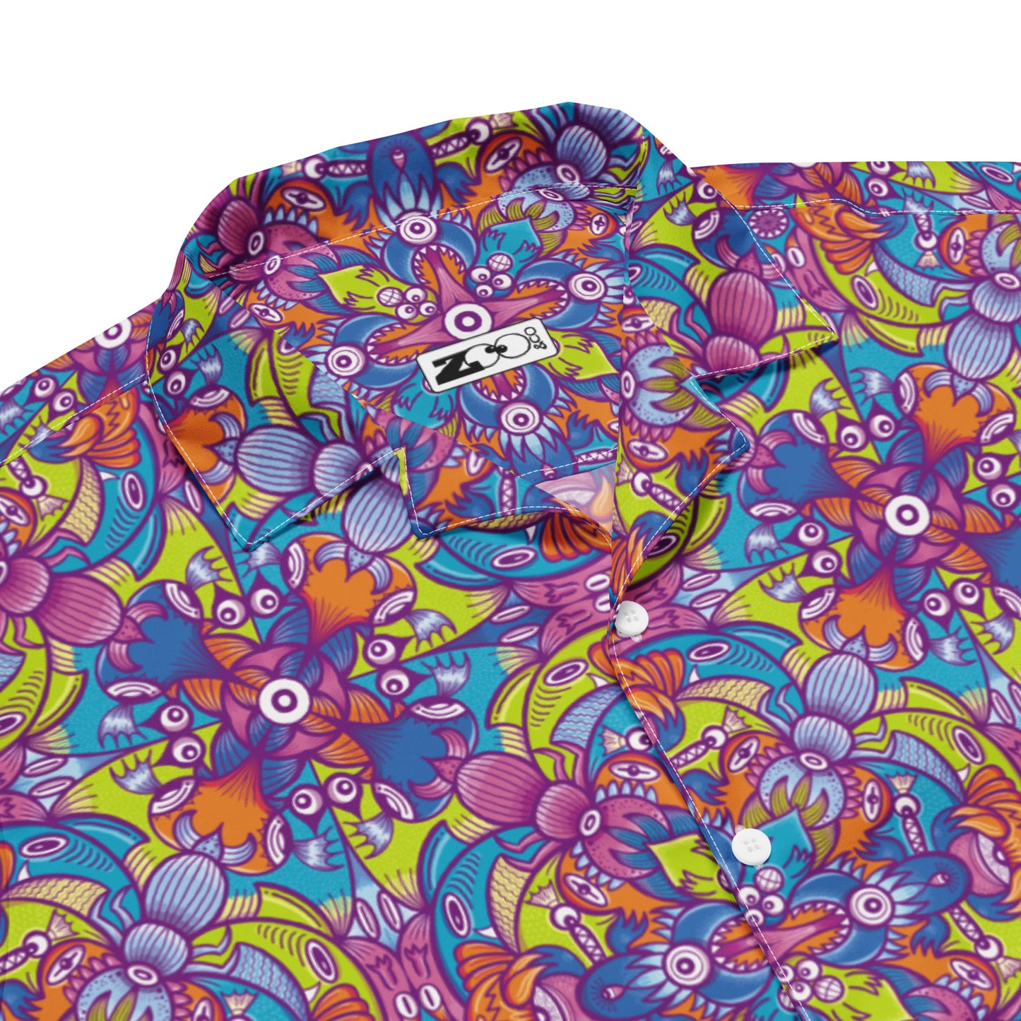 Whimsical Critter Chaos Button Shirt: A Unisex Doodle Adventure. Product Detail