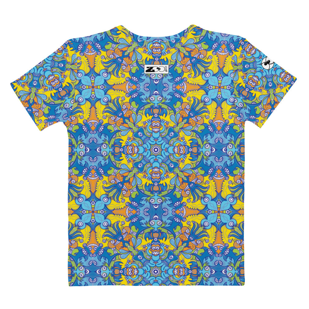 Wise Monkeys: From Chaos to Mandala Women's cotton t-shirt. Back view