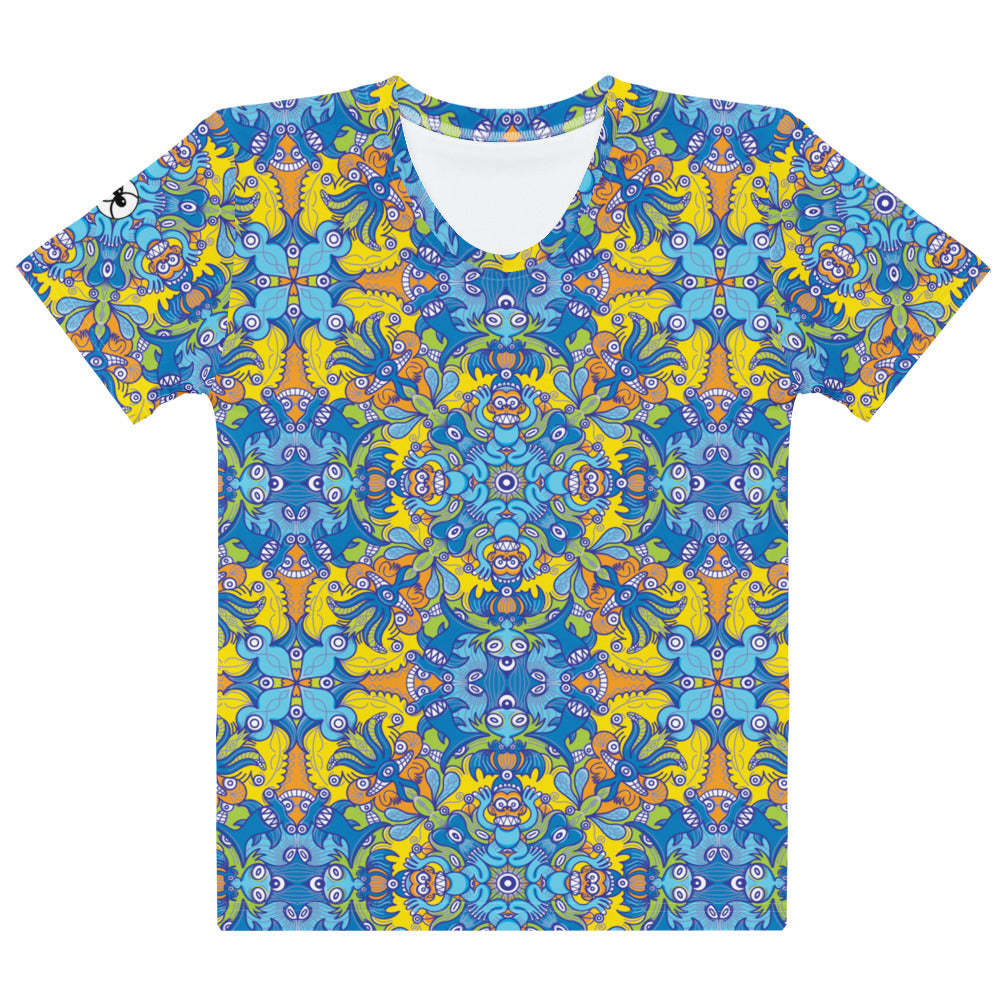 Wise Monkeys: From Chaos to Mandala Women's cotton t-shirt. Front view