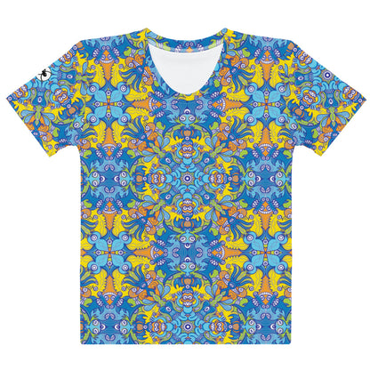 Wise Monkeys: From Chaos to Mandala Women's cotton t-shirt. Front view