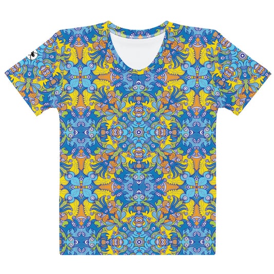 Wise Monkeys: From Chaos to Mandala Women's cotton t-shirt. Front view