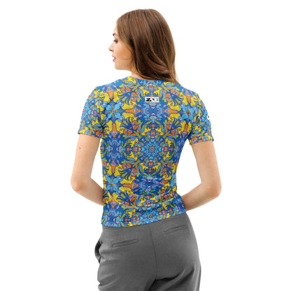 Wise Monkeys: From Chaos to Mandala Women's cotton t-shirt. lifestyle back view