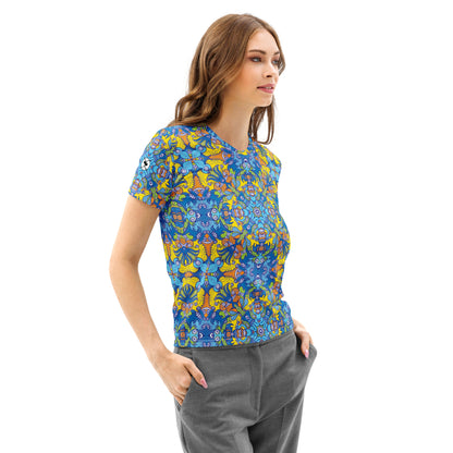 Wise Monkeys: From Chaos to Mandala Women's cotton t-shirt. Right front view