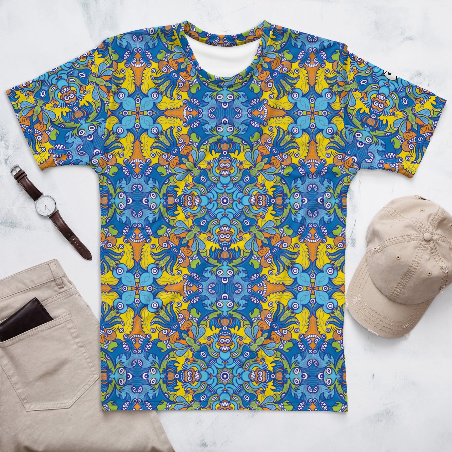 Wise Monkeys Mandala all-over-print crew neck men's t-shirt. Flat Lifestyle Front View