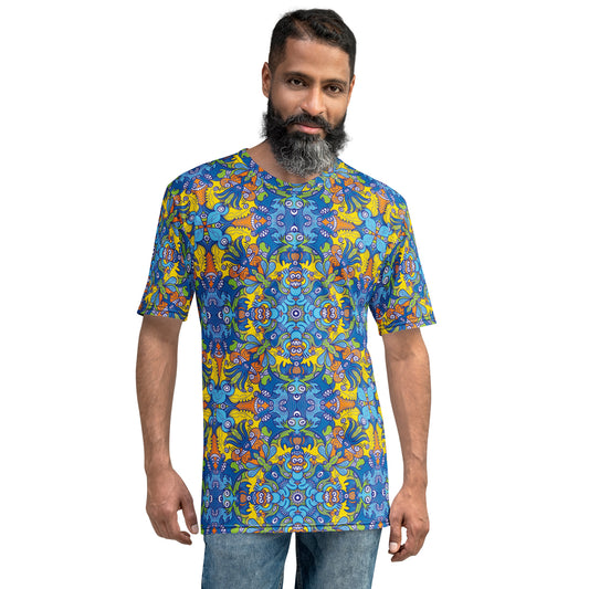 Wise Monkeys Mandala all-over-print crew neck men's t-shirt. Front View