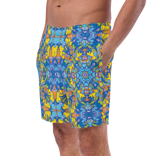 Wise Monkeys Mandala All-Over Print Recycled Swim Trunks. Left front view