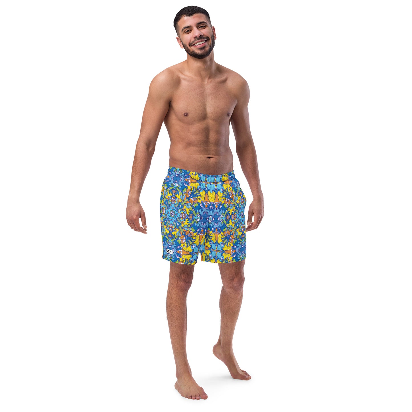 Wise Monkeys Mandala All-Over Print Recycled Swim Trunks. Lifestyle