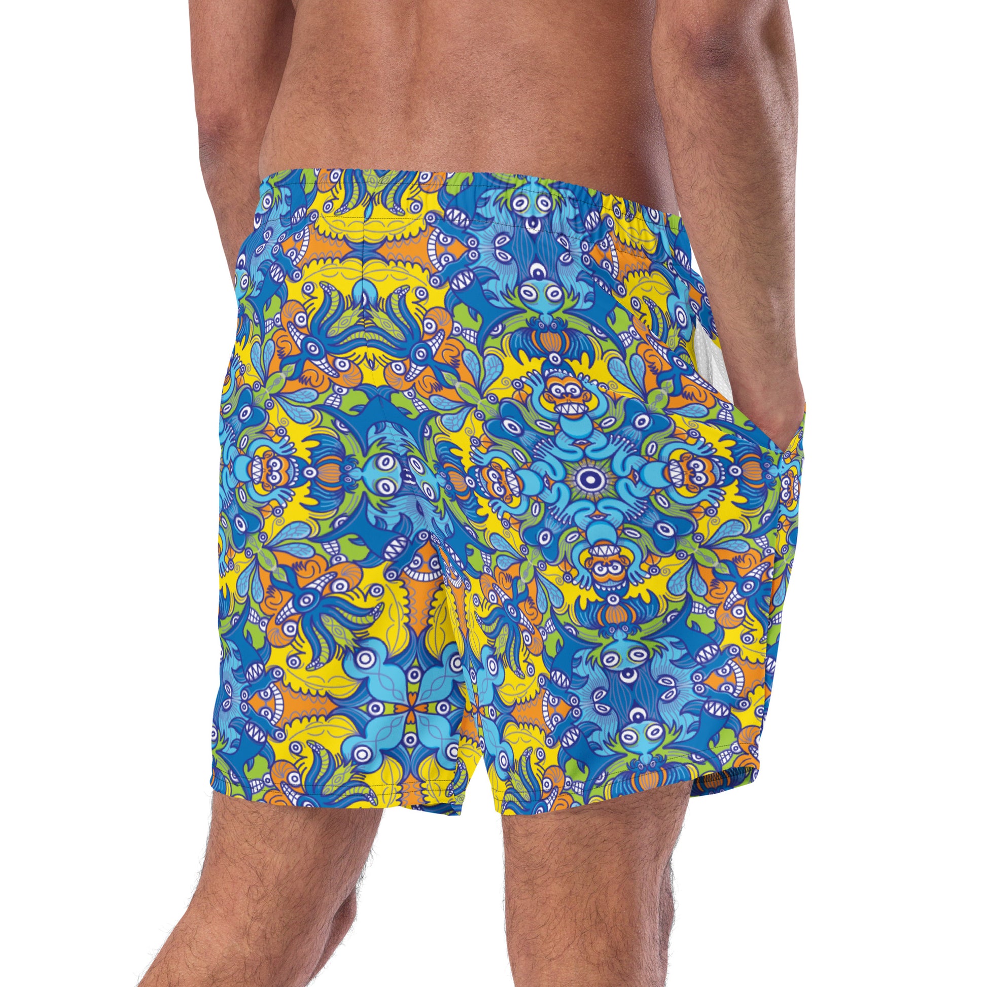 Wise Monkeys Mandala All-Over Print Recycled Swim Trunks. Right back view