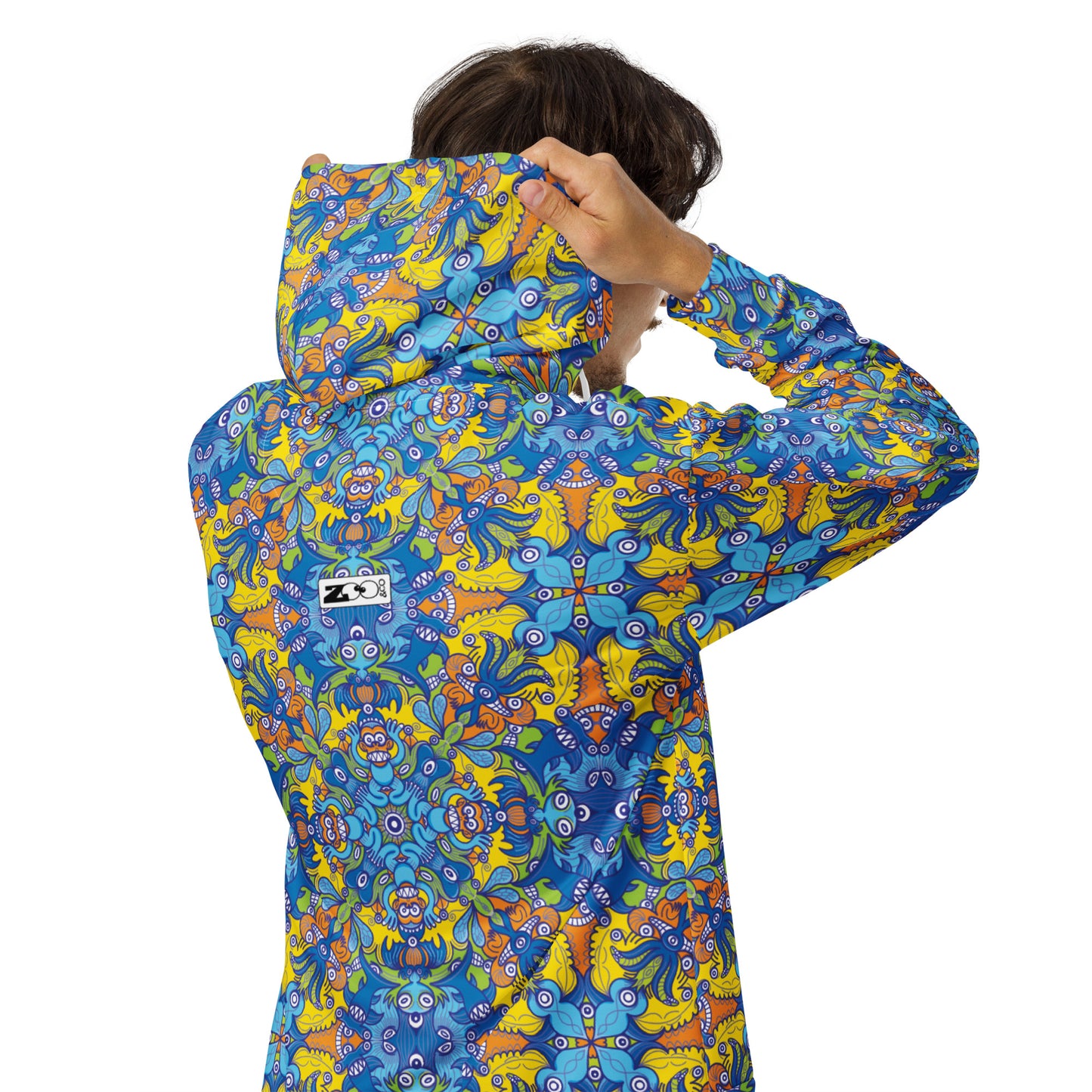 Wise Monkeys Mandala All-Over Print Unisex Zip Hoodie. Back view