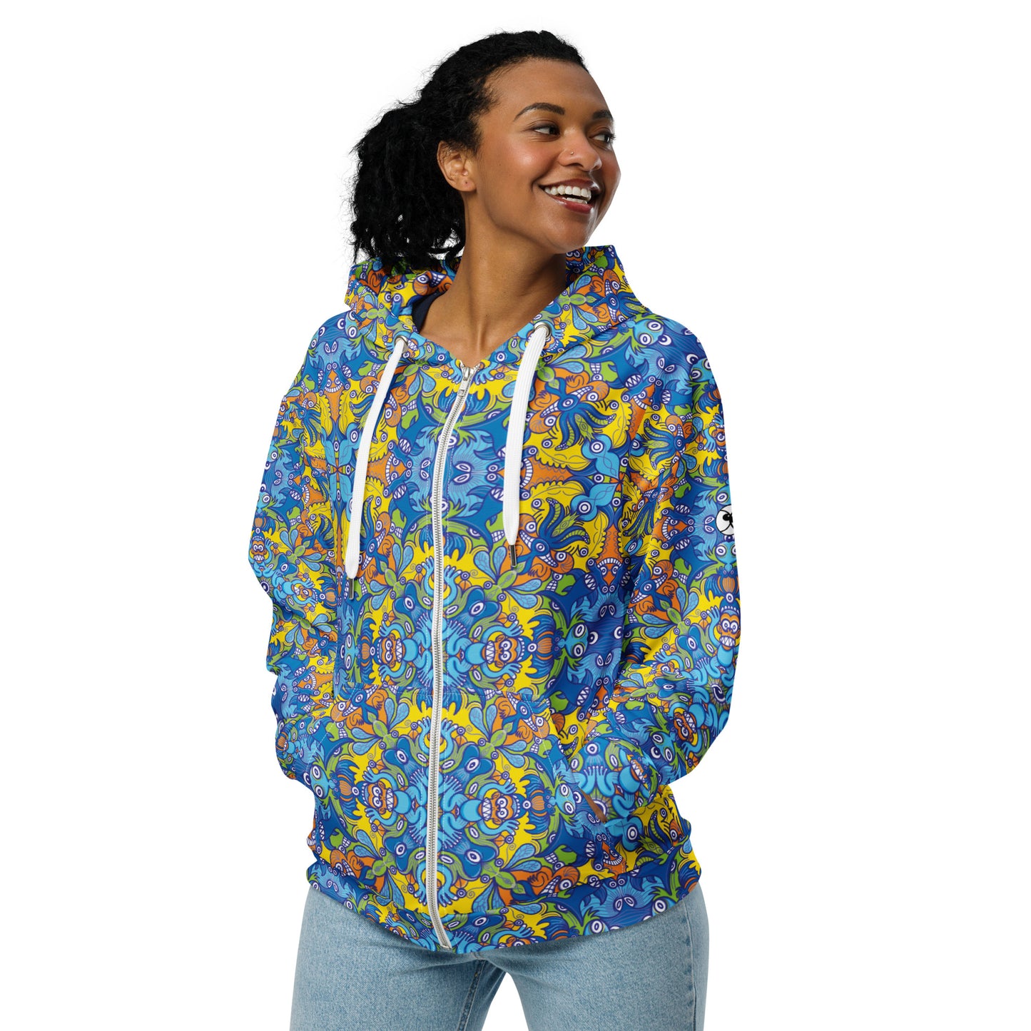 Wise Monkeys Mandala All-Over Print Unisex Zip Hoodie. Front view