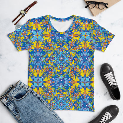 Wise Monkeys Mandala All-Over Print Women's T-shirt. Front view. Flat Lifestyle