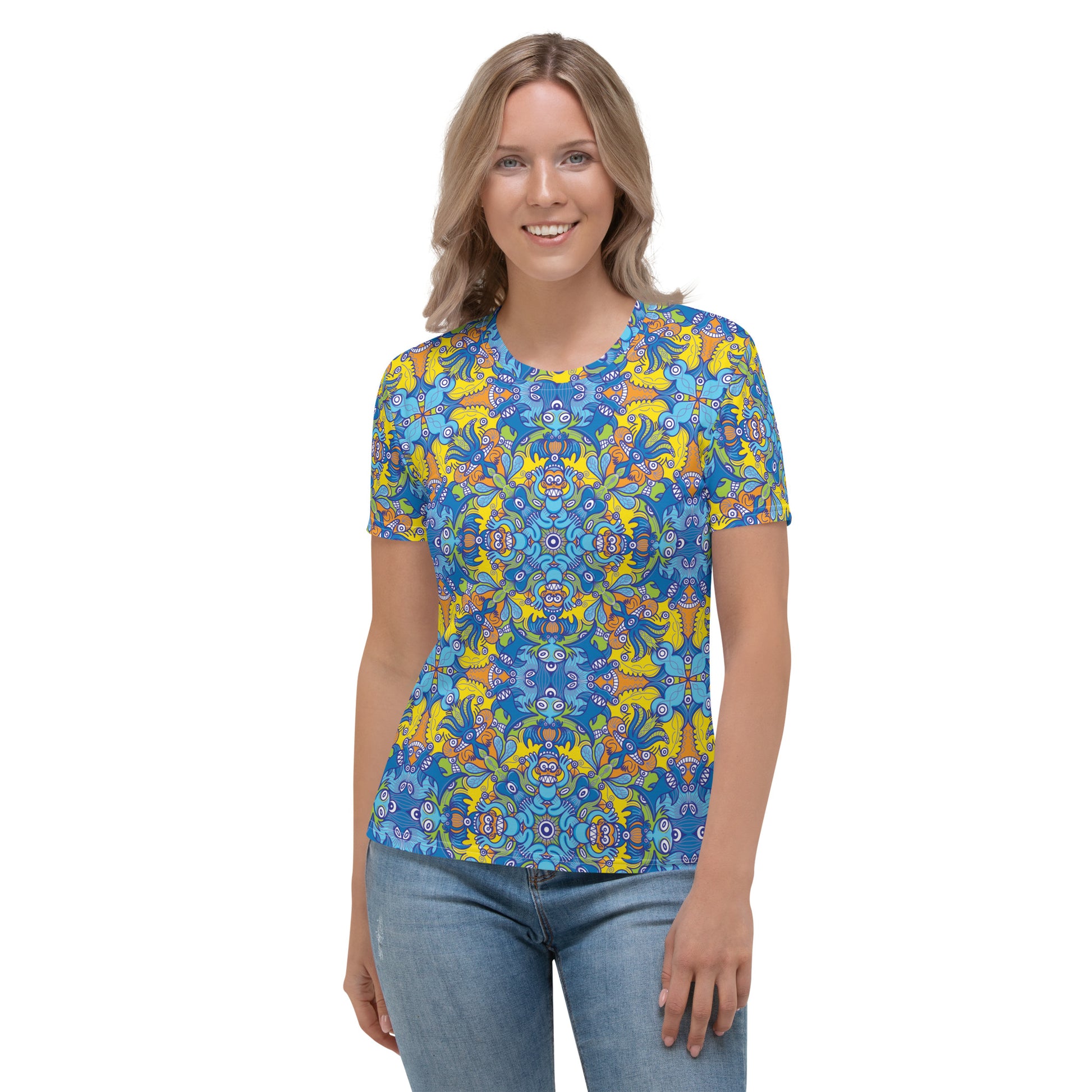 Wise Monkeys Mandala All-Over Print Women's T-shirt. Front view