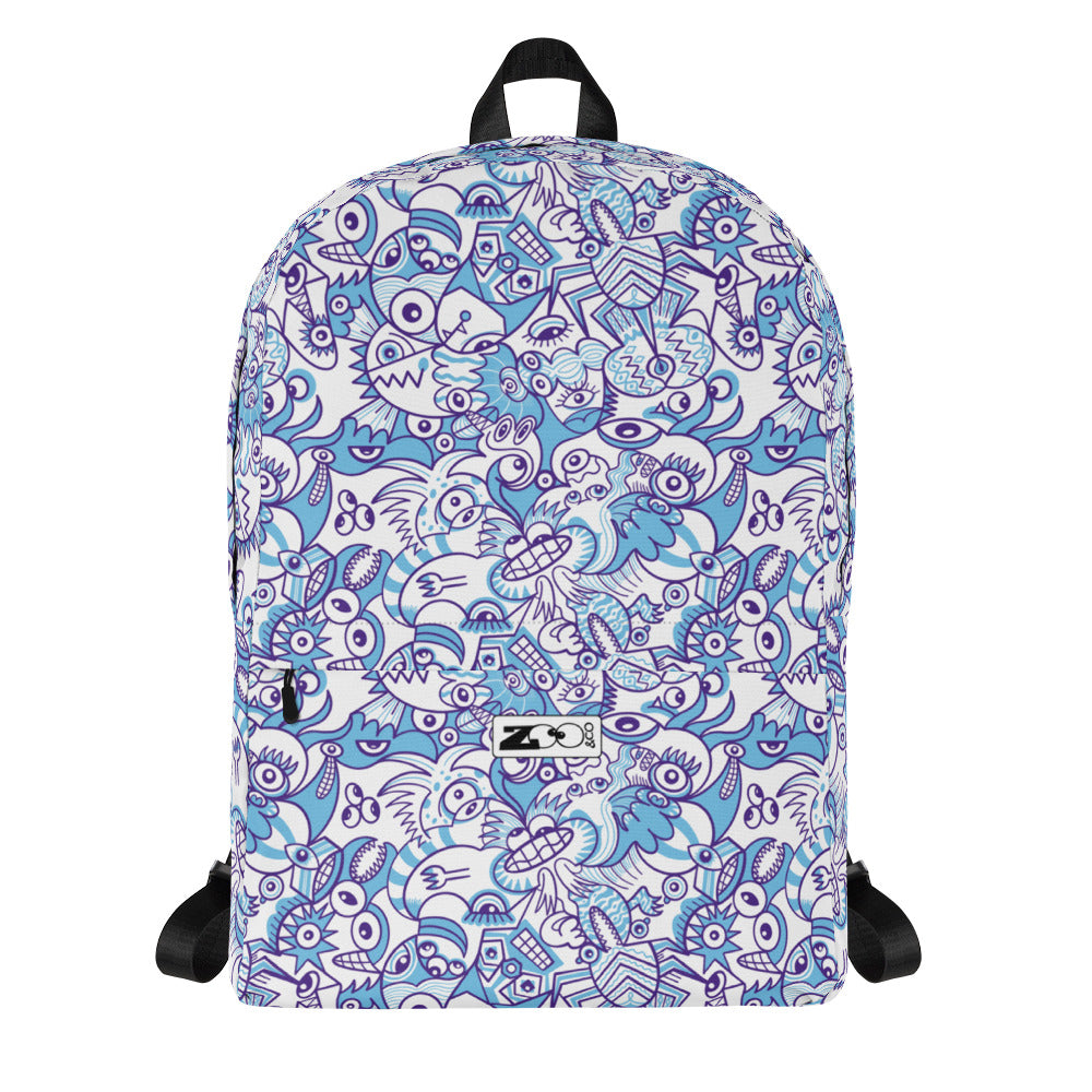 Whimsical Blue Doodle Critterscape pattern design Backpack. Front view