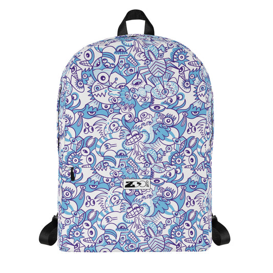 Whimsical Blue Doodle Critterscape pattern design Backpack. Front view