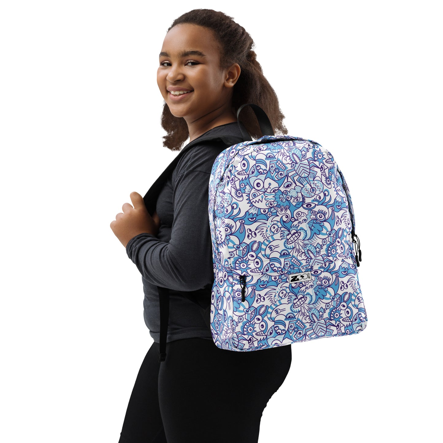 Whimsical Blue Doodle Critterscape pattern design Backpack. Lifestyle