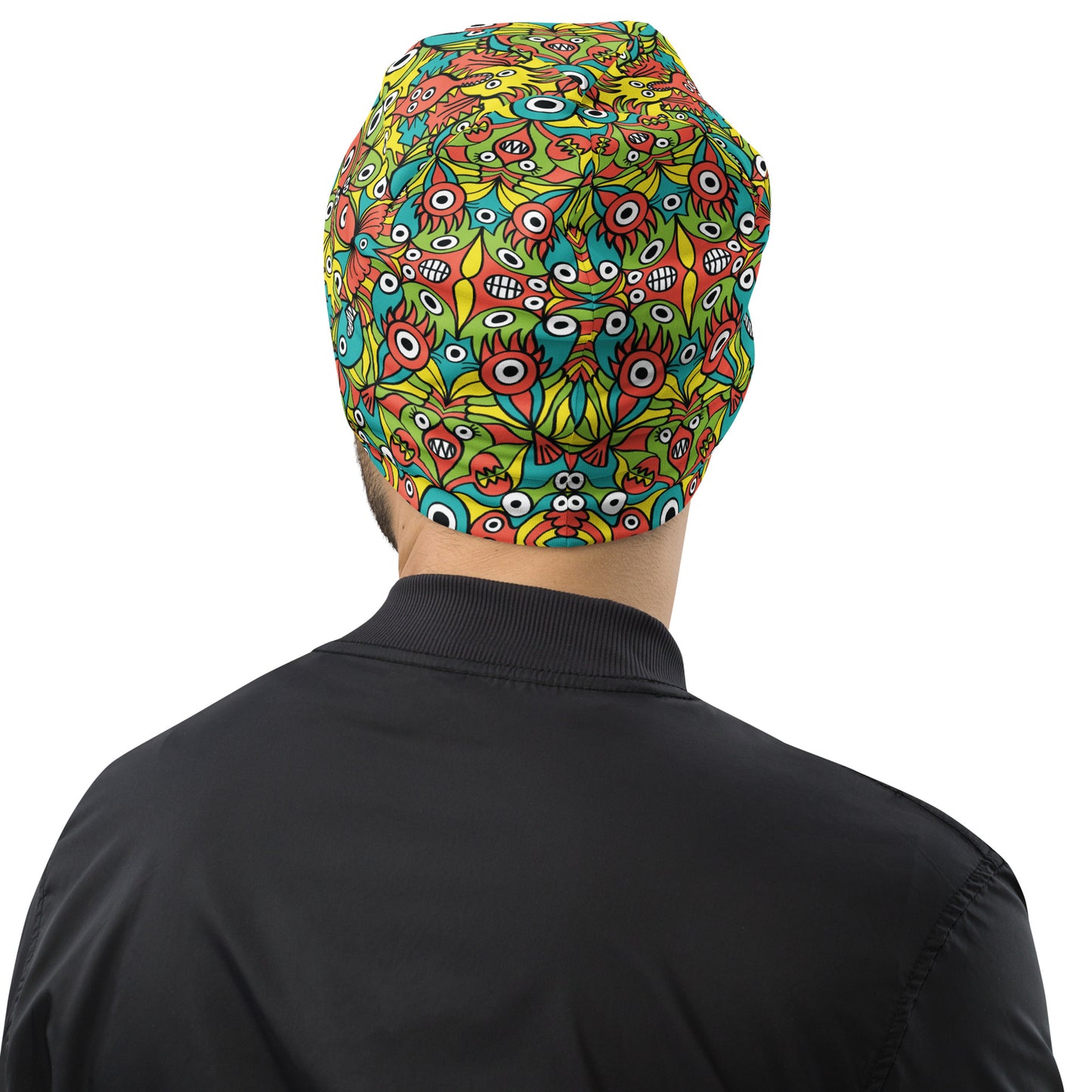 Alien monsters pattern design All-Over Print Beanie. Back view