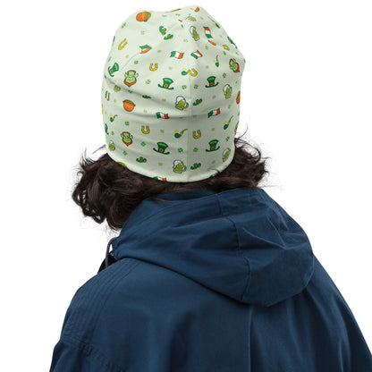 Celebrate Saint Patrick's Day in style All-Over Print Beanie. Back view