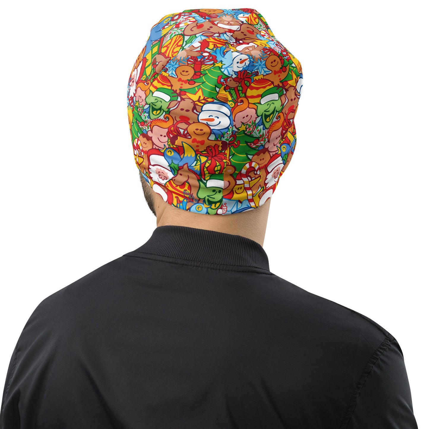 All Christmas stars in a pattern design All-Over Print Beanie. Back view