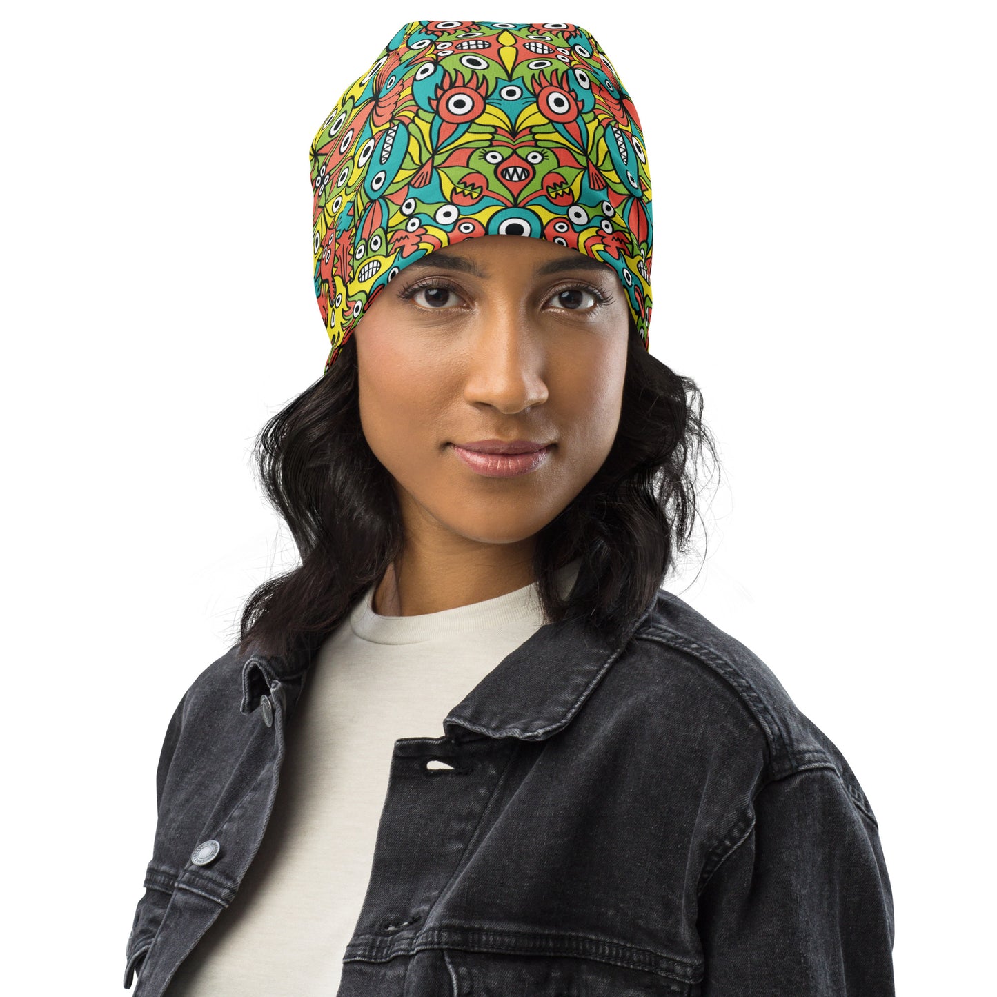 Alien monsters pattern design All-Over Print Beanie. Front view