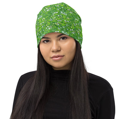 A tangled army of happy green frogs appears when the rain stops All-Over Print Beanie. Front view