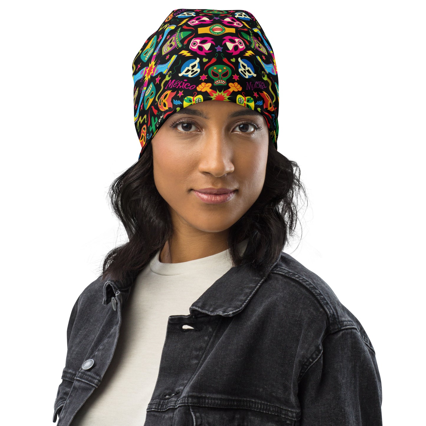 Mexican wrestling colorful party All-Over Print Beanie. Front view
