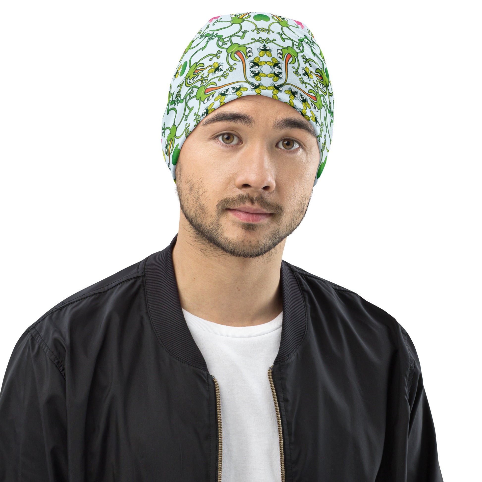 Funny frogs hunting flies All-Over Print Beanie. Front view