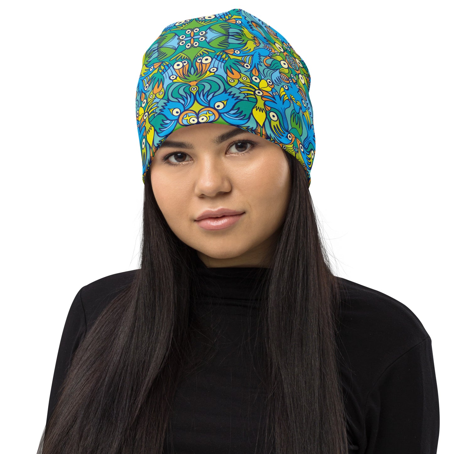 Exotic birds tropical pattern All-Over Print Beanie. Front view