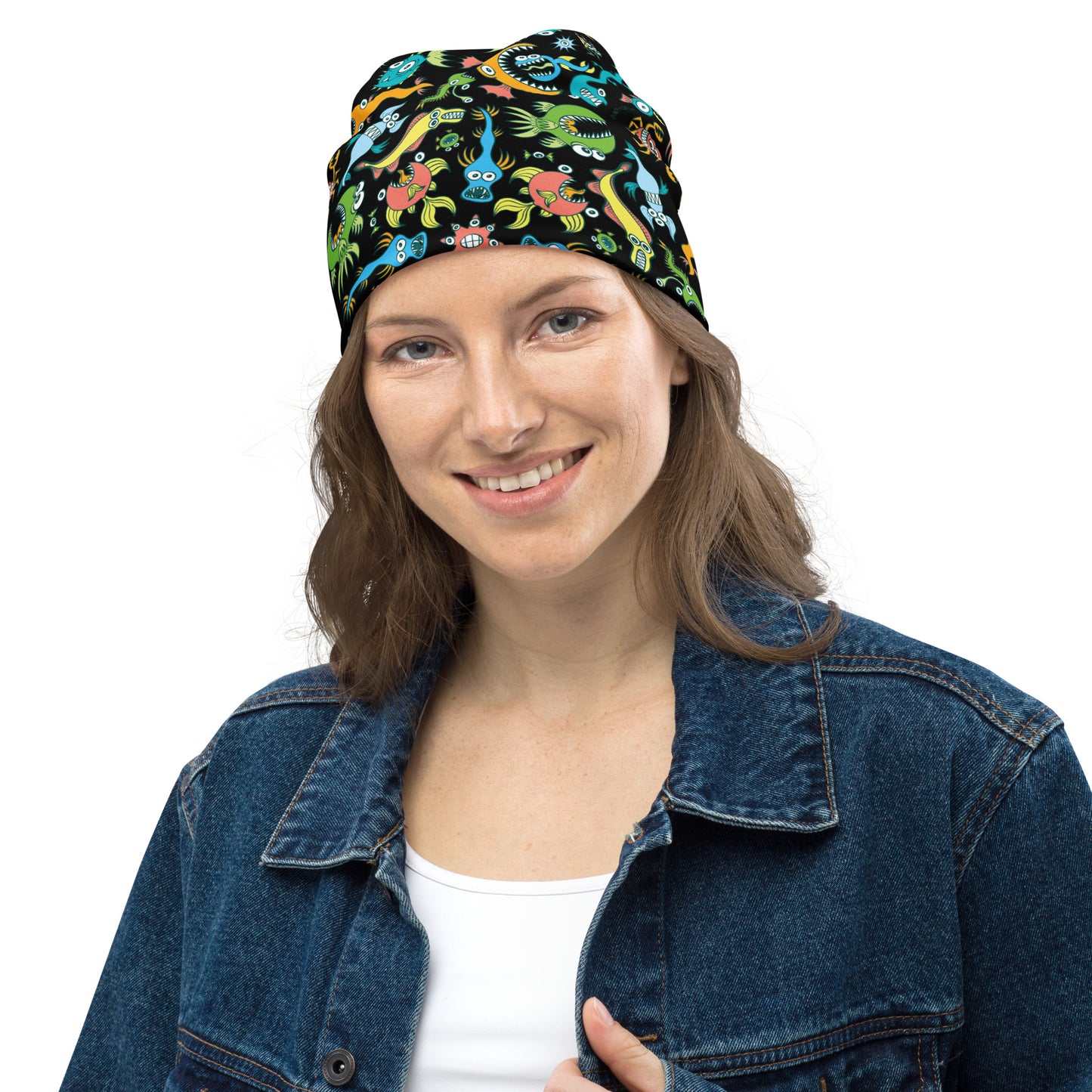 Sea creatures pattern design All-Over Print Beanie. Front view