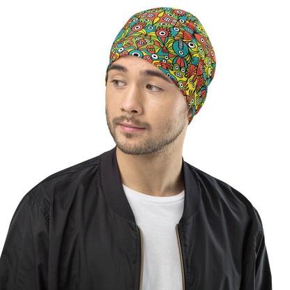 Alien monsters pattern design All-Over Print Beanie. Side view