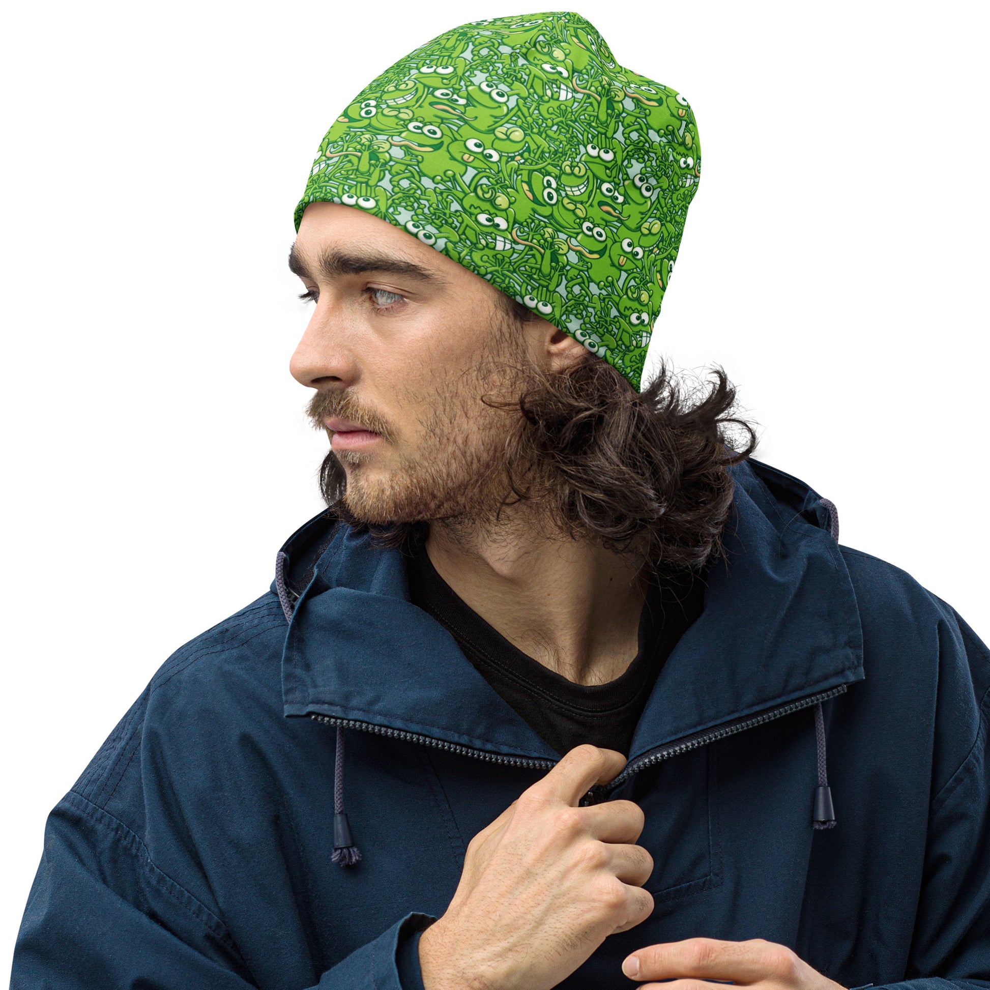 A tangled army of happy green frogs appears when the rain stops All-Over Print Beanie. Side view